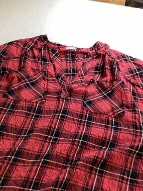 Free People Red and Black Plaid Button Down Shirt